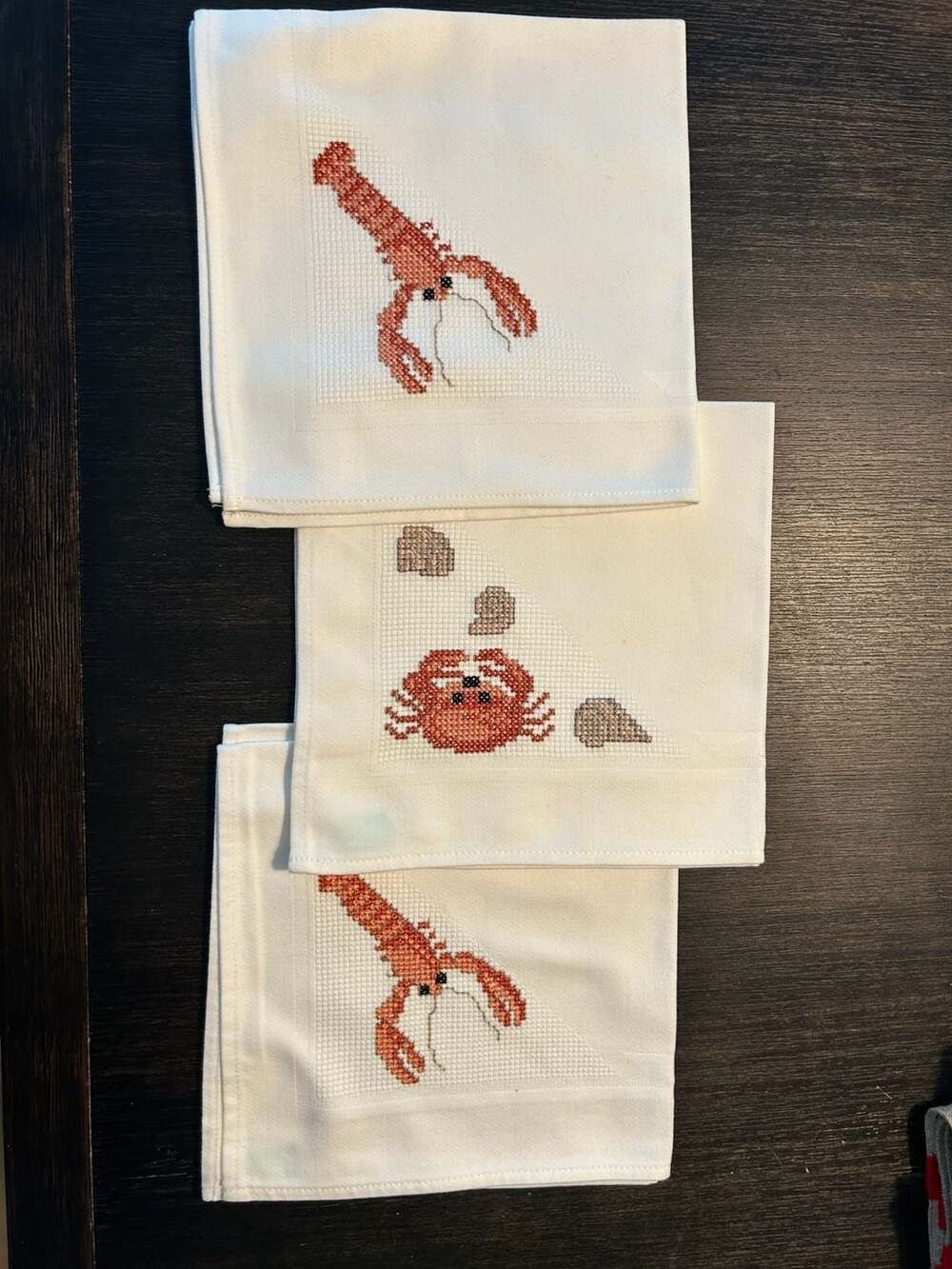 Vintage Set of Nautical Cross Stitch Tablecloth & 3 Napkins Lobster Crab Coastal